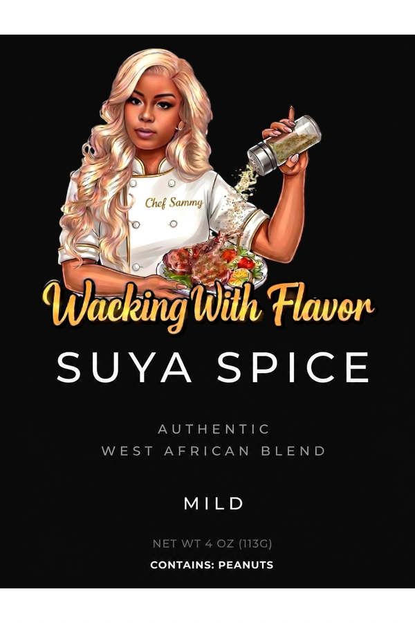 Wacking With Flavor Suya Spice label artwork featuring Chef Sammy