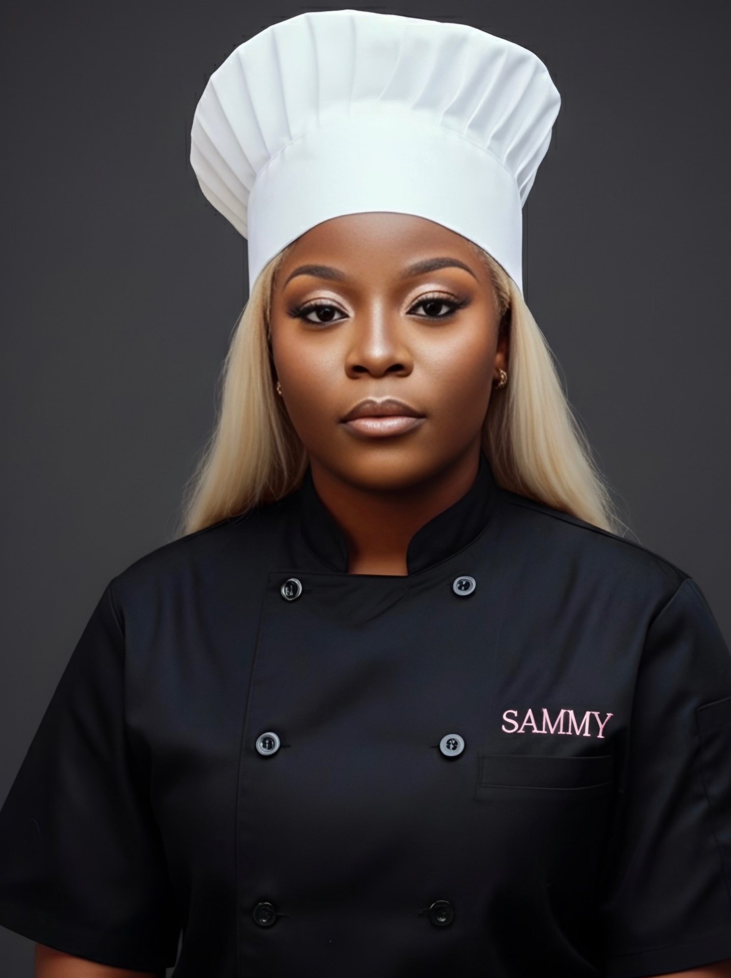 Chef Sammy of Wacking With Flavor in signature black chef coat